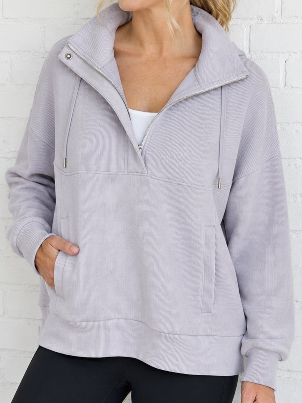 Calia Quarter Zip Rib Knit Hoodie Lavender Gray Relaxed Pullover Medium